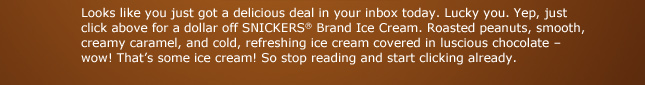 Looks like you just got a delicious deal in your inbox today.  Lucky you.  Yep, just click above for a dollar off SNICKERS® Brand Ice Cream.  Roasted peanuts, smooth creamy caramel, and cold, refreshing ice cream covered in luscious chocolate - wow!  That's some ice cream! So stop reading and start clicking already.
