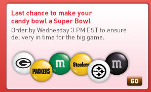 Last chance to make your candy bowl a Super Bowl. Order by Wednesday 3 PM EST to ensure delivery in time for the big game.